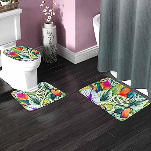 AOYEGO Watercolor Parrots Bathroom Rugs Set of 3 Exotic Tropical Leaves Jungle Macaw Bird Rainbow Leaf Non Slip 31.5X19.7 Inch Soft Absorbent Polyester for Tub Shower Toilet