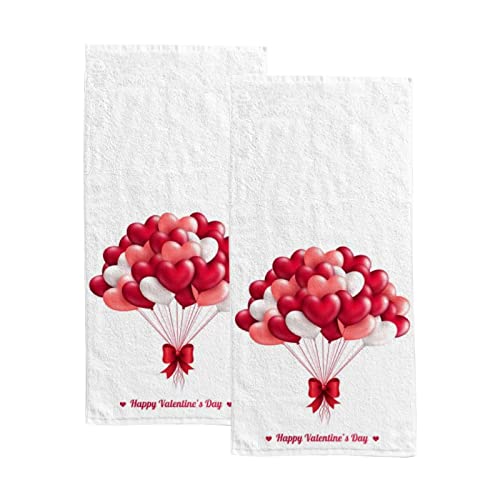 Valentines Day Balloon with Hearts Hand Towels 2 Pack for Bathroom, Kitchen Towels Absorbent Fingertip Towel Multipurpose Bath Towel Guest for Spa Gym Bar 30 x 15 inch