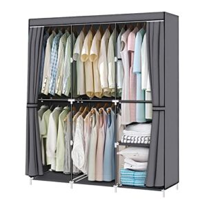 youud portable closet 50 inch wardrobe closet for hanging clothes with non-woven fabric cover and hanging rods, quick and easy assembly, grey