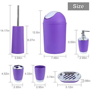 Bathroom Accessories Set, 6Pcs Plastic Bathroom Accessories Toothbrush Holder, Rinse Cup, Soap Dish, Hand Sanitizer Bottle, Waste Bin, Toilet Brush with Holder for Home, Apartment, Hotel (Purple)