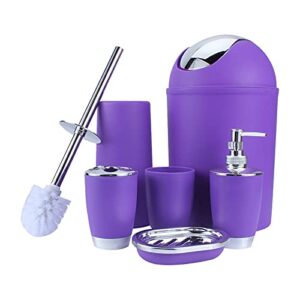 bathroom accessories set, 6pcs plastic bathroom accessories toothbrush holder, rinse cup, soap dish, hand sanitizer bottle, waste bin, toilet brush with holder for home, apartment, hotel (purple)