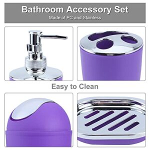 Bathroom Accessories Set, 6Pcs Plastic Bathroom Accessories Toothbrush Holder, Rinse Cup, Soap Dish, Hand Sanitizer Bottle, Waste Bin, Toilet Brush with Holder for Home, Apartment, Hotel (Purple)