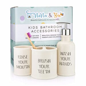 cute kids bathroom accessories set | 3 pc modern farmhouse white ceramic toothbrush holder, liquid hand soap dispenser & rinse cup | wash your hands, brush your teeth decor for child bath room