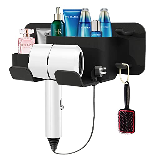 Hirolulu Self-Adhesive Hair Dryer Holder Drill-Free Removable Wall Mounted Multi-Func Blow Dryer Holder for Bathroom Salon, Hair Dryer Rack & Styling Care Tool Organizer Storage Basket, Morden Black