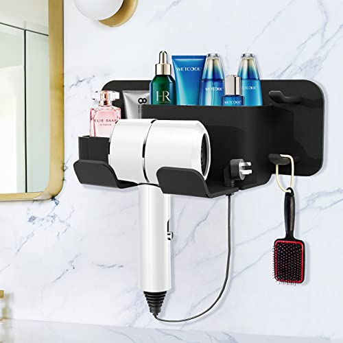 Hirolulu Self-Adhesive Hair Dryer Holder Drill-Free Removable Wall Mounted Multi-Func Blow Dryer Holder for Bathroom Salon, Hair Dryer Rack & Styling Care Tool Organizer Storage Basket, Morden Black