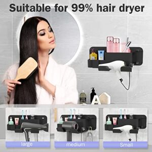 Hirolulu Self-Adhesive Hair Dryer Holder Drill-Free Removable Wall Mounted Multi-Func Blow Dryer Holder for Bathroom Salon, Hair Dryer Rack & Styling Care Tool Organizer Storage Basket, Morden Black