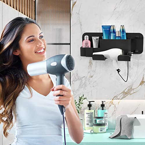 Hirolulu Self-Adhesive Hair Dryer Holder Drill-Free Removable Wall Mounted Multi-Func Blow Dryer Holder for Bathroom Salon, Hair Dryer Rack & Styling Care Tool Organizer Storage Basket, Morden Black