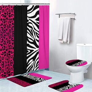 lokmu 4 pcs shower curtain sets with non-slip rugs,toilet lid cover and bath mat,pink leopard print waterproof shower curtain with 12 hooks, bathroom decor sets, 72"x 72"