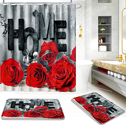 ENYORSEL 3Pcs Bathroom Sets, Red Rose Shower Curtain Set with Rugs, Incl 71'' x 71'' Waterproof Polyester Shower Curtain with 12 Hooks, 2Pcs 30'' x 18'' Non Slip Bath Mats for Romantic Bathroom Decor