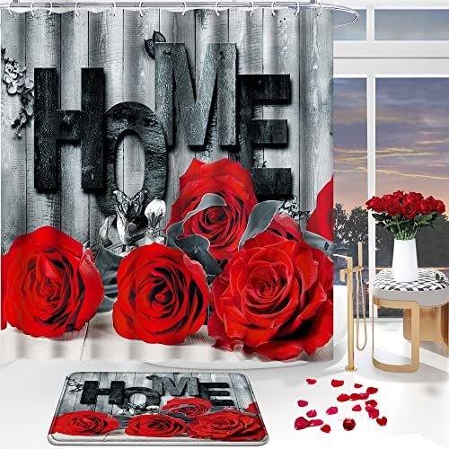 ENYORSEL 3Pcs Bathroom Sets, Red Rose Shower Curtain Set with Rugs, Incl 71'' x 71'' Waterproof Polyester Shower Curtain with 12 Hooks, 2Pcs 30'' x 18'' Non Slip Bath Mats for Romantic Bathroom Decor