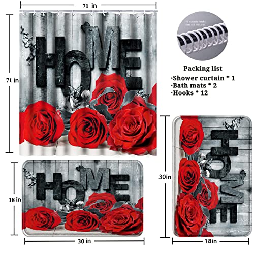 ENYORSEL 3Pcs Bathroom Sets, Red Rose Shower Curtain Set with Rugs, Incl 71'' x 71'' Waterproof Polyester Shower Curtain with 12 Hooks, 2Pcs 30'' x 18'' Non Slip Bath Mats for Romantic Bathroom Decor