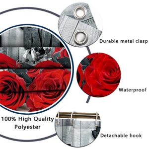 ENYORSEL 3Pcs Bathroom Sets, Red Rose Shower Curtain Set with Rugs, Incl 71'' x 71'' Waterproof Polyester Shower Curtain with 12 Hooks, 2Pcs 30'' x 18'' Non Slip Bath Mats for Romantic Bathroom Decor