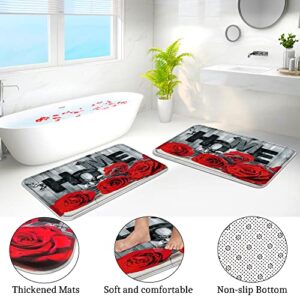 ENYORSEL 3Pcs Bathroom Sets, Red Rose Shower Curtain Set with Rugs, Incl 71'' x 71'' Waterproof Polyester Shower Curtain with 12 Hooks, 2Pcs 30'' x 18'' Non Slip Bath Mats for Romantic Bathroom Decor
