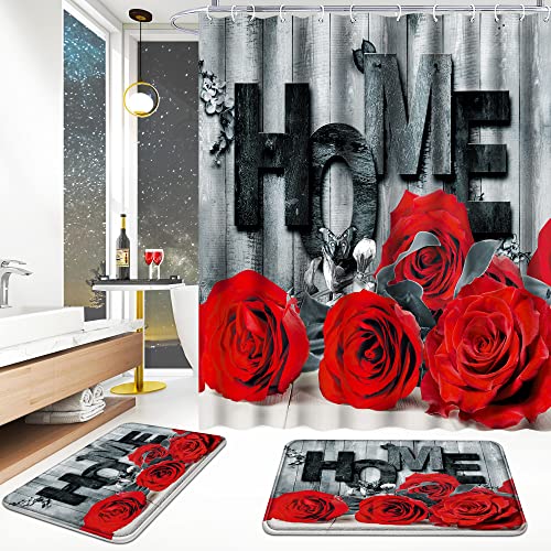 ENYORSEL 3Pcs Bathroom Sets, Red Rose Shower Curtain Set with Rugs, Incl 71'' x 71'' Waterproof Polyester Shower Curtain with 12 Hooks, 2Pcs 30'' x 18'' Non Slip Bath Mats for Romantic Bathroom Decor