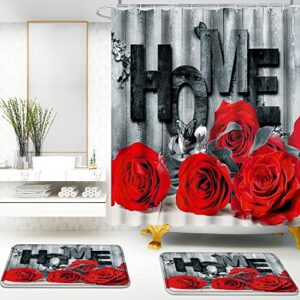 ENYORSEL 3Pcs Bathroom Sets, Red Rose Shower Curtain Set with Rugs, Incl 71'' x 71'' Waterproof Polyester Shower Curtain with 12 Hooks, 2Pcs 30'' x 18'' Non Slip Bath Mats for Romantic Bathroom Decor