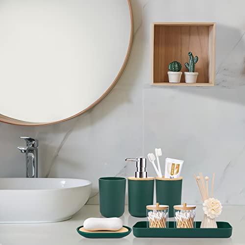 SLDIYWOW 9-Piece Dark Green Bathroom Accessories Set with Trash Can, Tray, Soap Dispenser, Toothbrush Holder, Toothbrush Cup, Soap Dish, Toilet Brush and Q-tip Holders for Bathroom