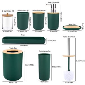 SLDIYWOW 9-Piece Dark Green Bathroom Accessories Set with Trash Can, Tray, Soap Dispenser, Toothbrush Holder, Toothbrush Cup, Soap Dish, Toilet Brush and Q-tip Holders for Bathroom