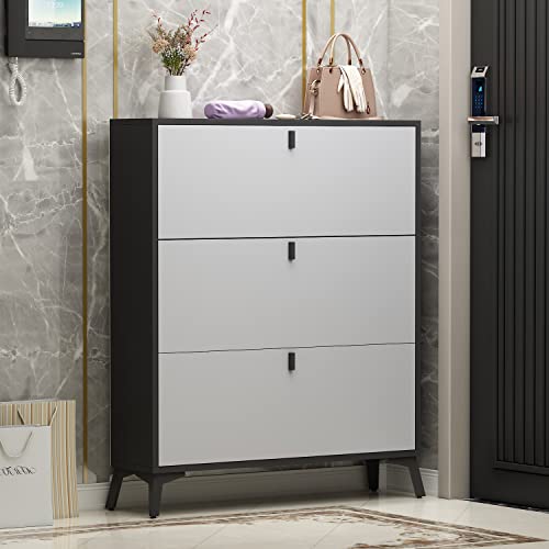 AIEGLE Shoe Storage Cabinet with 3 Flip Drawers, Freestanding Wood Shoe Rack Shoe Storage Cabinet for Entryway, Grey (35.4" W x 9.4" D x 47.2" H)