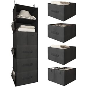 bosuelife 6-shelves hanging closet organizer with 5 different drawers, foldable closet organizers and storage for wardrobe, closet& rv, clothes and accessories storage, non-woven fabric, black