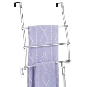 mdesign adjustable metal over door towel rack holder for shower and bath, 3 tier rod hanger with 2 hooks for bathroom - hang towel, blanket, washcloths, loofahs, sponges on back of door - chrome