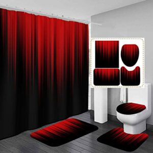 aatter 4 piece red and black shower curtain mens dark grey gray boys oriental 60wx72l curtains decor with non-slip rugs, toilet lid cover and bath mat bathroom accessories home bathtub set, modern
