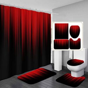 AAtter 4 Piece Red and Black Shower Curtain Mens Dark Grey Gray Boys Oriental 60Wx72L Curtains Decor with Non-Slip Rugs, Toilet Lid Cover and Bath Mat Bathroom Accessories Home Bathtub Set, Modern