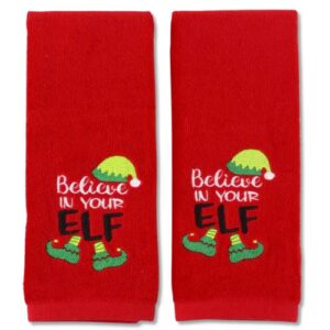 christmas fingertip towels: plush velour cotton embroidered believe in your elf on red, set of 2