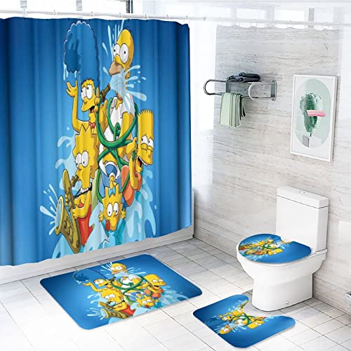 The Sim.psons Shower Curtain Sets with Non Slip Rugs The Sim.psons 4Pcs Shower Curtain Set with Non-Slip Rugs Toilet Lid Cover and Bath Mat, Waterproof Polyester Fabric Bathroom Curtain with 12 Hooks