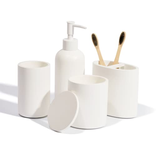 Premium 4 Pcs White Bathroom Accessories Set Complete. Bathroom Soap Dispenser Set. Modern Bathroom Decor Sets Accessories. Bathroom Toothbrush Holder Set. White Bathroom Sets Accessories (White)