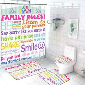 ikfashoni 4pcs family rules shower curtain set with non-slip rugs, toilet lid cover and bath mat, kids educational shower curtain with 12 hooks, durable waterproof fabric shower curtain for bathroom