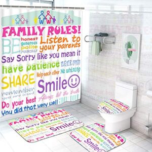 Ikfashoni 4Pcs Family Rules Shower Curtain Set with Non-Slip Rugs, Toilet Lid Cover and Bath Mat, Kids Educational Shower Curtain with 12 Hooks, Durable Waterproof Fabric Shower Curtain for Bathroom