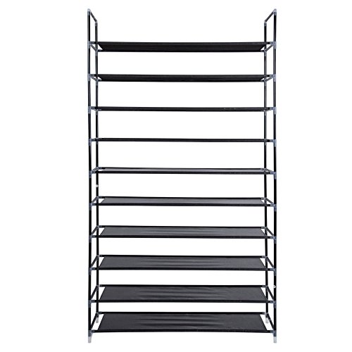 KAAYEE 10 Tiers Shoe Rack Storage Organizer Shelves 50 Pairs Stackable Shoes Racks (39.37 x 11 x 70.87) Non-Woven Fabrics & Steel with Handle (Black)