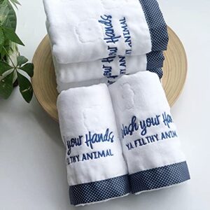 Luxury Hand Towels Set of 2 Super Soft 100Percent Cotton with Funny Decorative Embroidery Hand Towels for Bathroom or Powder Room Highly Absorbent Face Washcloth Towel 28.7 x13.7Inches White