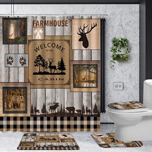 4pcs rustic bear farmhouse cabin shower curtain set wild animal deer vintage wood board forest tree silhouette buffalo plaid country style with rugs toilet lid cover and bath mat bathroom decor