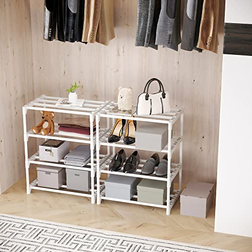 SOKOSEN 4-Tier Small Shoe Rack, Metal Stackable Kids Shoe Shelf Storage Zapateras Organizer,Narrow Shoe Stand Sturdy for Closet Hallway Entryway Living Room Bedroom（White）