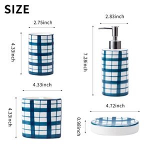 Ceramic Bathroom Accessories Set, Bath Vanity Countertop Blue Plaid Accessory Sets Complete, with Soap/Lotion Dispenser, Toothbrush Holder, Tumbler, Soap Holder