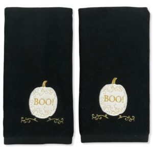 halloween fingertip towels: plush black towels with embroidered white pumpkin boo design, 2 piece set, 11" x 18" inch (boo)