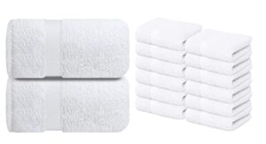 premium white bath sheets towels for adults – 2 pack extra large bath towels 35x70-100% soft cotton + washcloths set – pack of 12, 13x13 inches 100% cotton wash cloths for your body and face towels