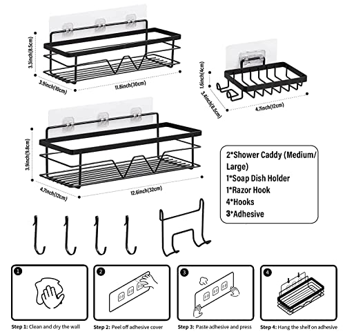 DBDEIW Shower Caddy,2 Pack Shower Organizer Shelves,No Drilling Rustproof Stainless Steel Shower Shelf for Inside Shower,Adhesive Shower Basket Rack with Soap Holders and 4 Hooks for Bathroom,Black