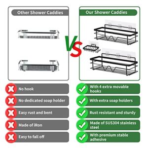 DBDEIW Shower Caddy,2 Pack Shower Organizer Shelves,No Drilling Rustproof Stainless Steel Shower Shelf for Inside Shower,Adhesive Shower Basket Rack with Soap Holders and 4 Hooks for Bathroom,Black