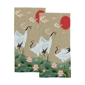hand towels face towels set of 2 japanese cranes lotuses asian oriental style soft comfortable polyester microfiber fast water absorbent towels for bathroom kitchen 30x15 inch