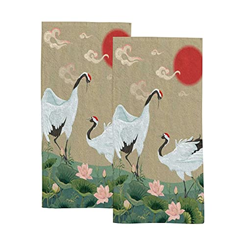 Hand Towels Face Towels Set of 2 Japanese Cranes Lotuses Asian Oriental Style Soft Comfortable Polyester Microfiber Fast Water Absorbent Towels for Bathroom Kitchen 30X15 Inch