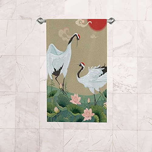 Hand Towels Face Towels Set of 2 Japanese Cranes Lotuses Asian Oriental Style Soft Comfortable Polyester Microfiber Fast Water Absorbent Towels for Bathroom Kitchen 30X15 Inch
