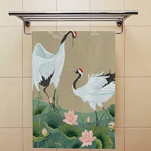 Hand Towels Face Towels Set of 2 Japanese Cranes Lotuses Asian Oriental Style Soft Comfortable Polyester Microfiber Fast Water Absorbent Towels for Bathroom Kitchen 30X15 Inch