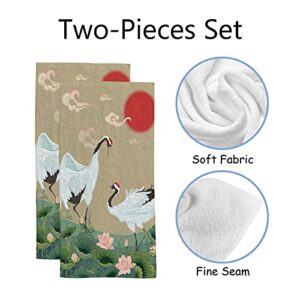 Hand Towels Face Towels Set of 2 Japanese Cranes Lotuses Asian Oriental Style Soft Comfortable Polyester Microfiber Fast Water Absorbent Towels for Bathroom Kitchen 30X15 Inch