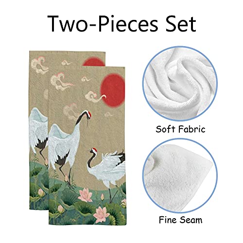 Hand Towels Face Towels Set of 2 Japanese Cranes Lotuses Asian Oriental Style Soft Comfortable Polyester Microfiber Fast Water Absorbent Towels for Bathroom Kitchen 30X15 Inch