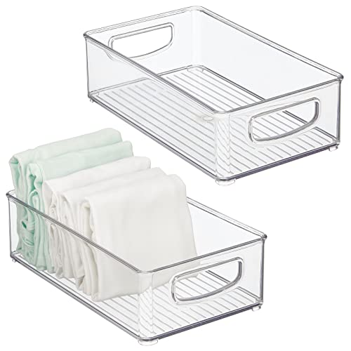 mDesign Small Plastic Storage Organizer Container Bin, Closet Organization for Hallway, Bedroom, Linen, Coat, Entryway - Holds Clothing, Blankets, Accessories, Toys - Ligne Collection, 2 Pack, Clear