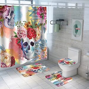 floral sugar skull shower curtain sets with non-slip rugs,toilet lid cover and bath mat,colorful skulls flower shower curtains with 12 hooks,durable waterproof bath curtain decor,skull & flower(4pcs)