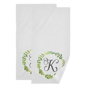 oreayn monogrammed hand towel for bathroom kitchen beach polyester cotton set of 2 green leaves frame wreath fingertip towel soft absorbent 28.3 x 14.4 inch, monogram letter k