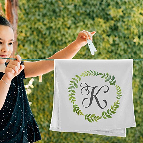 Oreayn Monogrammed Hand Towel for Bathroom Kitchen Beach Polyester Cotton Set of 2 Green Leaves Frame Wreath Fingertip Towel Soft Absorbent 28.3 x 14.4 Inch, Monogram Letter K